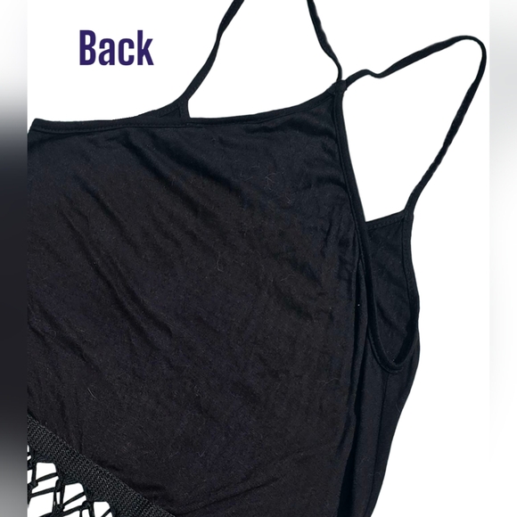 🟣 Rue21 Black Hanging Fringe Cropped Halter Strap Tank XSmall Mesh Fishnet - Picture 3 of 8